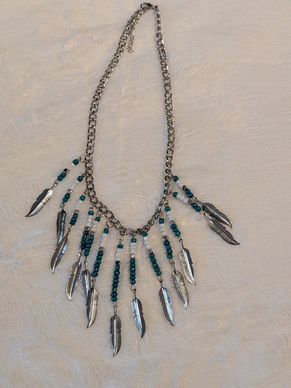 Silvertone Feather Pendant Necklace with Teal Beads - Women Jewelry